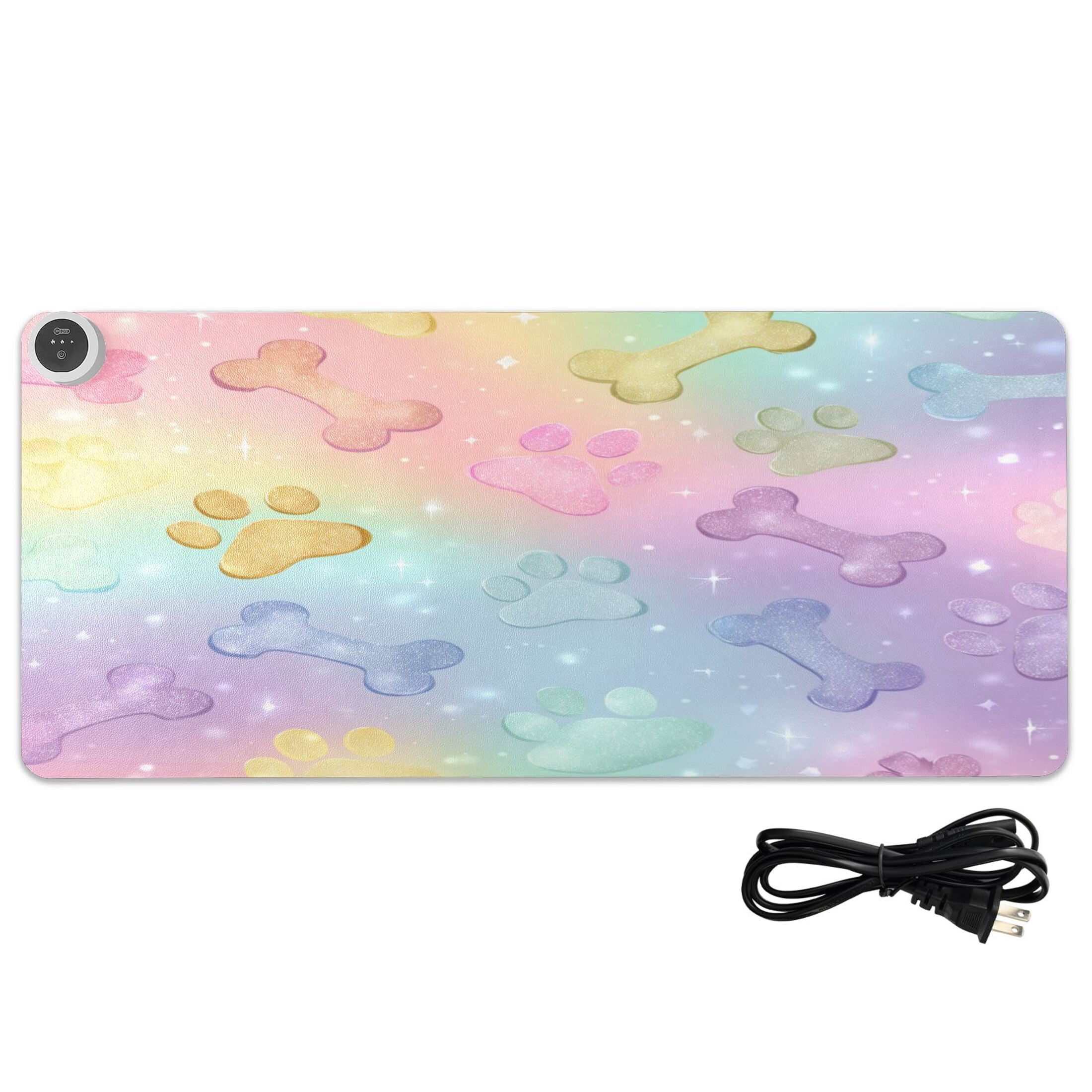 Large Heated Desk Mat Mouse Pad 31.5"x13"PU Leather Graphene Heating Desk Warmer with 3 Temperature Settings 110V US Plug Non-Slip Warm Pad for Home, Office, and Gaming Candy Glitter Puppy Party