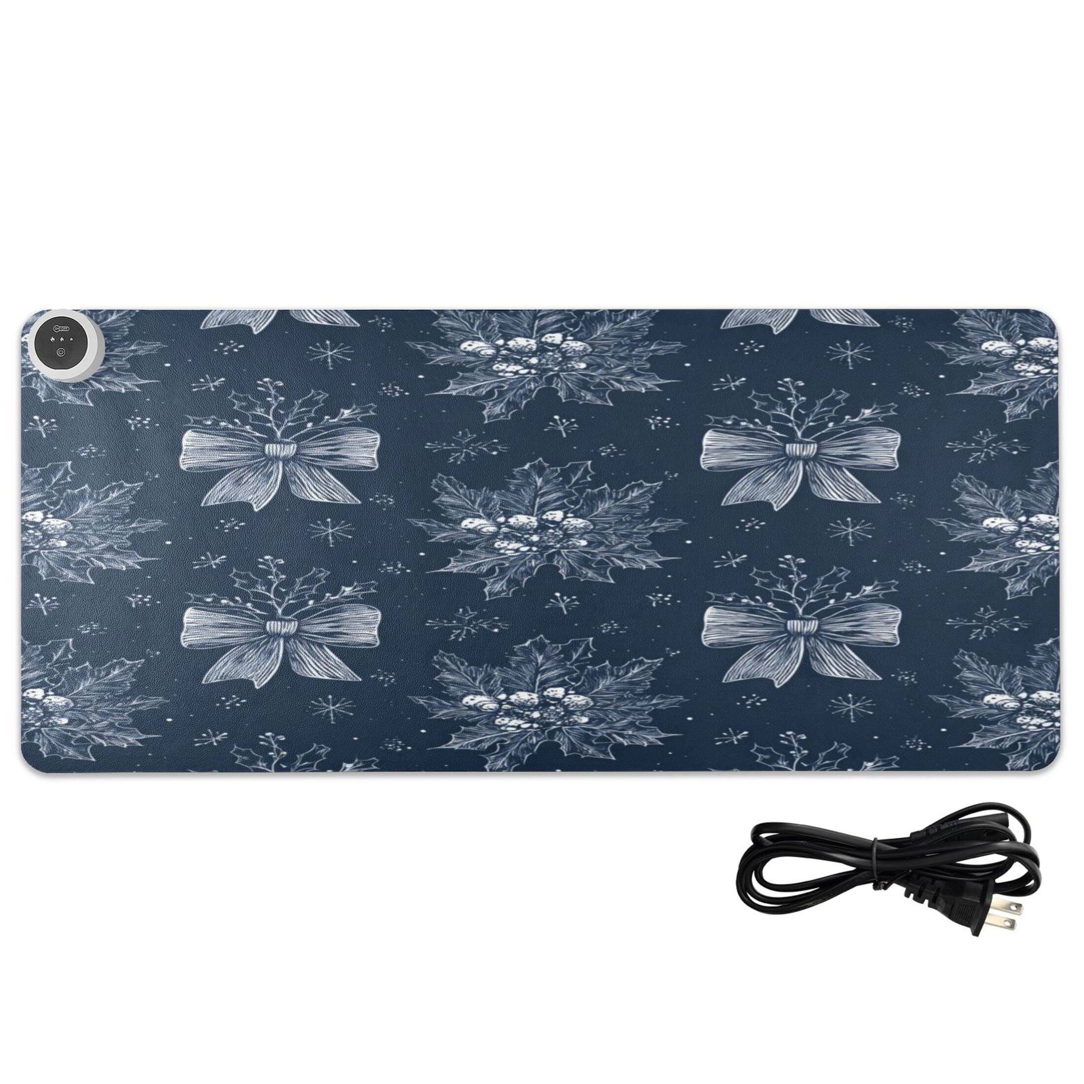 Large Heated Desk Mat Mouse Pad 31.5"x13"PU Leather Graphene Heating Desk Warmer with 3 Temperature Settings 110V US Plug Non-Slip Warm Pad for Home, Office, and Gaming Silver Christmas Bows Pattern