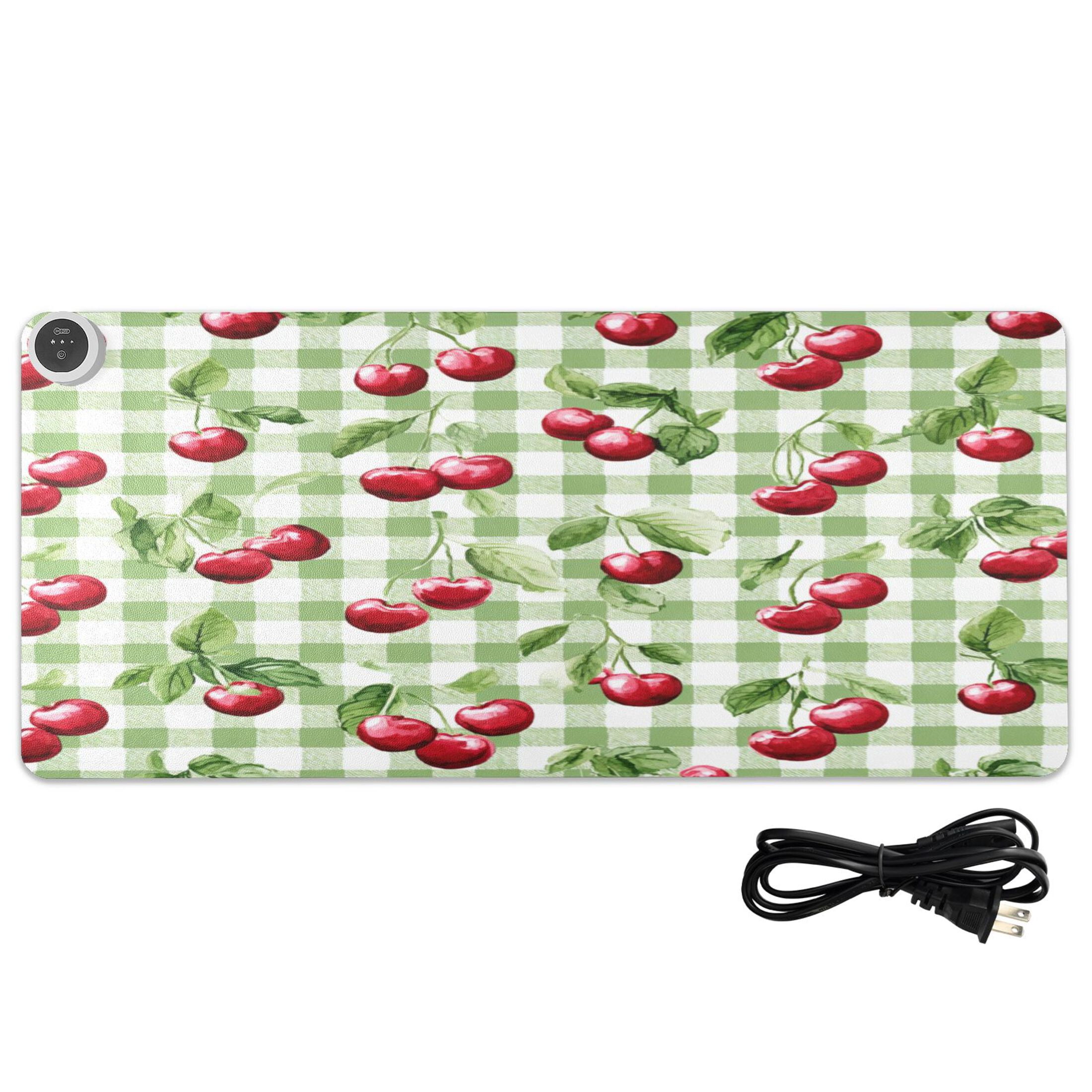 Large Heated Desk Mat Mouse Pad 31.5"x13"PU Leather Graphene Heating Desk Warmer with 3 Temperature Settings 110V US Plug Non-Slip Warm Pad for Home, Office, and Gaming Pale Green Cherry Painting