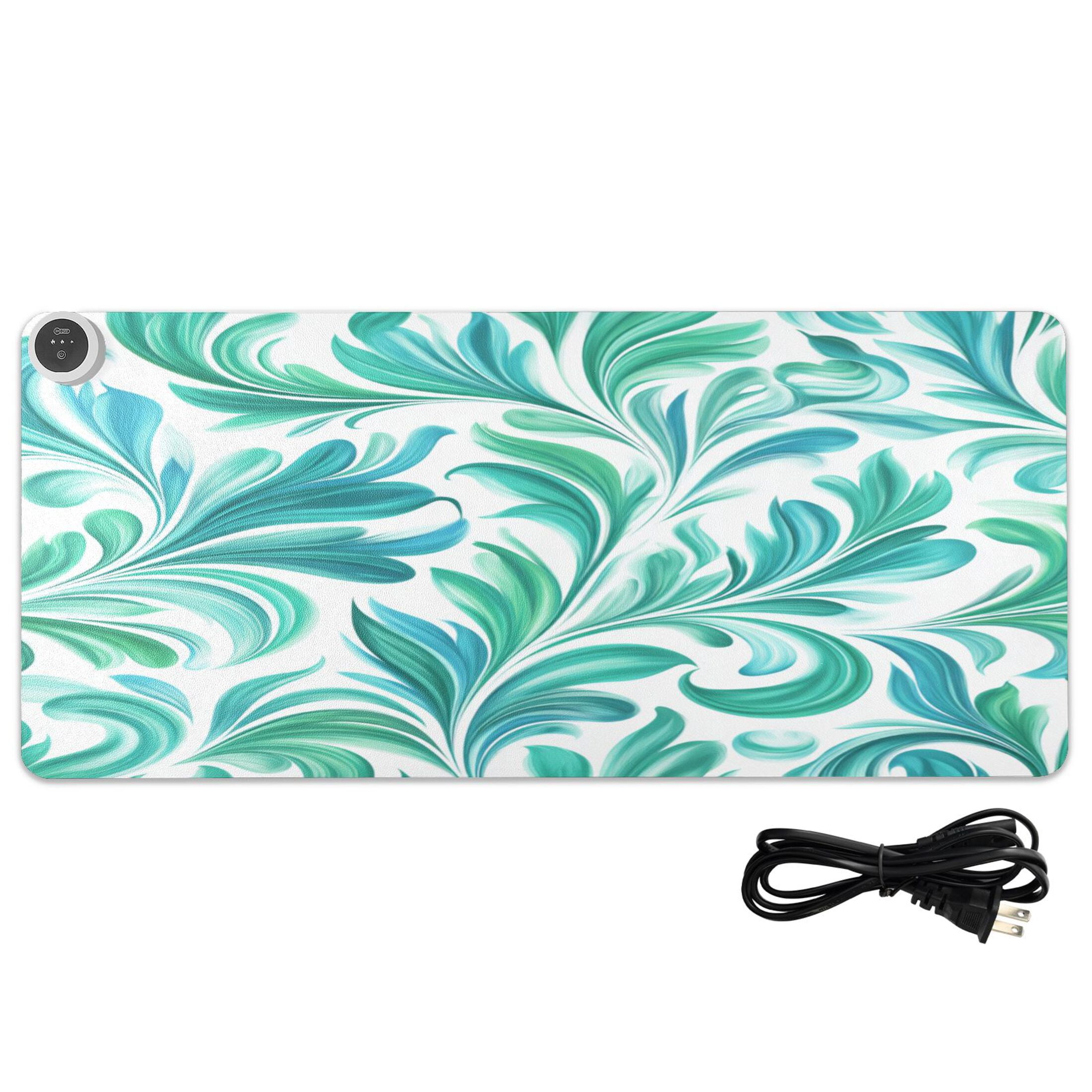 Large Heated Desk Mat Mouse Pad 31.5"x13"PU Leather Graphene Heating Desk Warmer with 3 Temperature Settings 110V US Plug Non-Slip Warm Pad for Home, Office, and Gaming Teal Swirl Damask Pattern