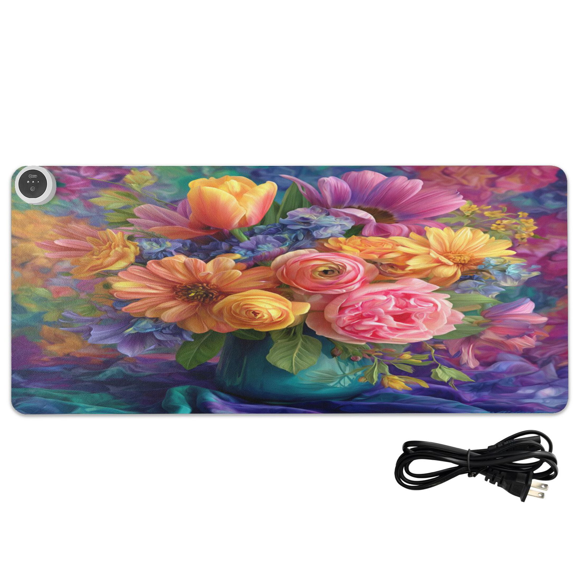 Large Heated Desk Mat Mouse Pad 31.5"x13"PU Leather Graphene Heating Desk Warmer with 3 Temperature Settings 110V US Plug Non-Slip Warm Pad for Home, Office, and Gaming A Vase Of Vivid Flowers