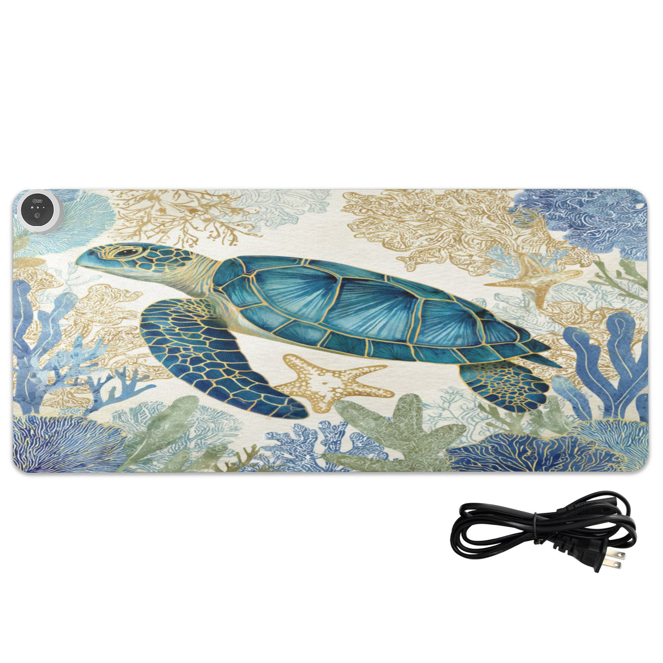 Large Heated Desk Mat Mouse Pad 31.5"x13"PU Leather Graphene Heating Desk Warmer with 3 Temperature Settings 110V US Plug Non-Slip Warm Pad for Home, Office, and Gaming Sea Turtle and Coral Reefs