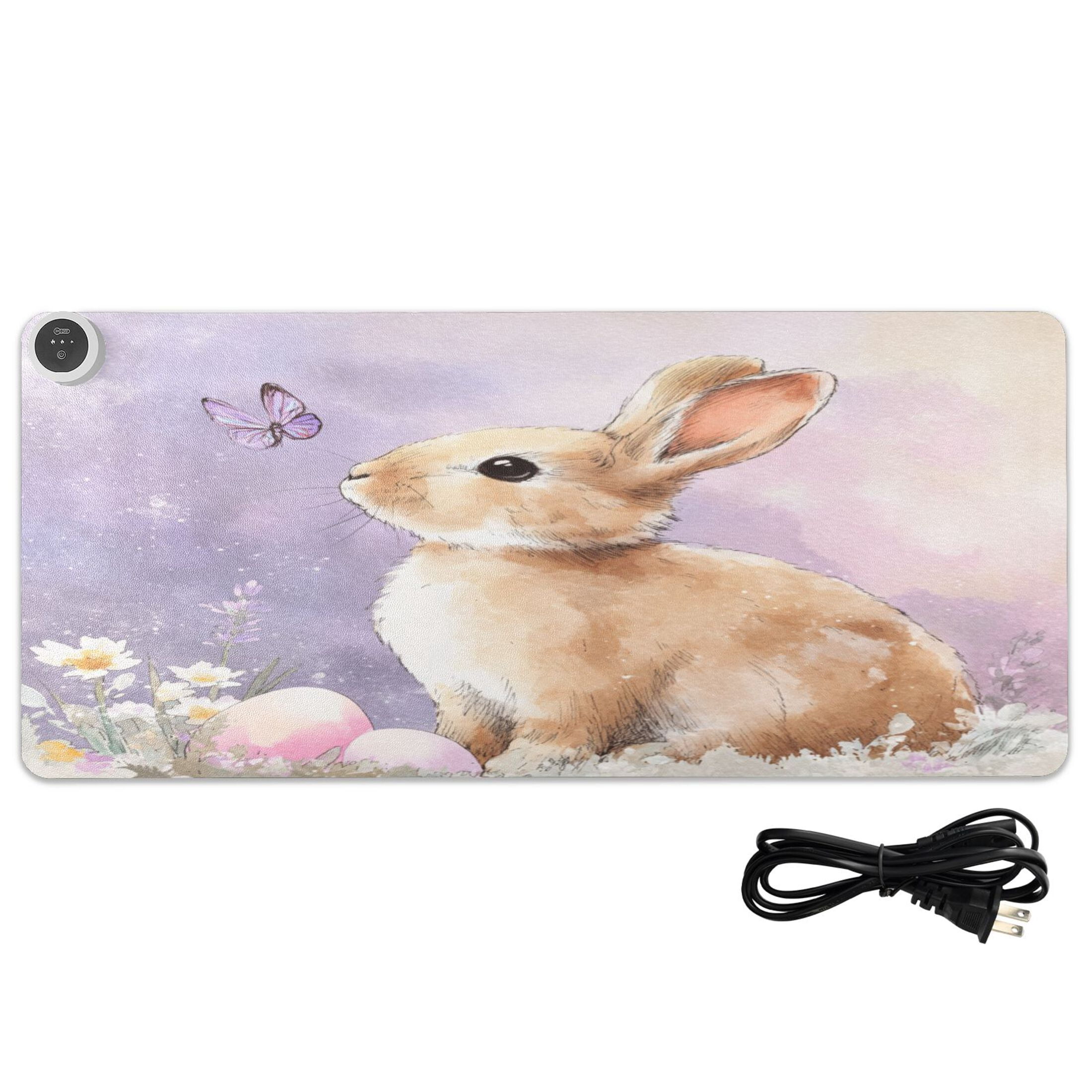 Large Heated Desk Mat Mouse Pad 31.5"x13"PU Leather Graphene Heating Desk Warmer with 3 Temperature Settings 110V US Plug Non-Slip Warm Pad for Home, Office, and Gaming Bunny with Purple Butterfly