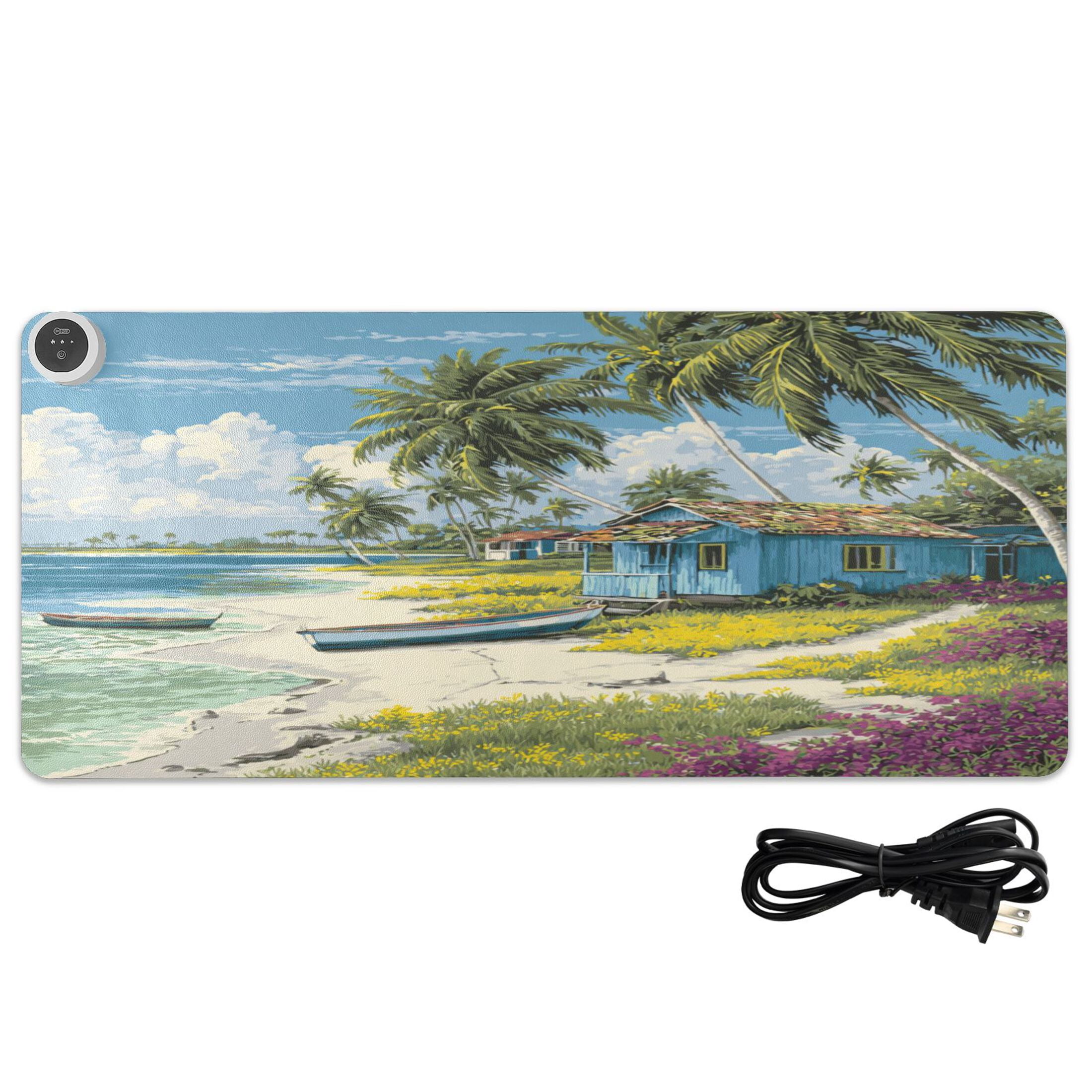 Large Heated Desk Mat Mouse Pad 31.5"x13"PU Leather Graphene Heating Desk Warmer with 3 Temperature Settings 110V US Plug Non-Slip Warm Pad for Home, Office, and Gaming Tropical Beach Hut Escape