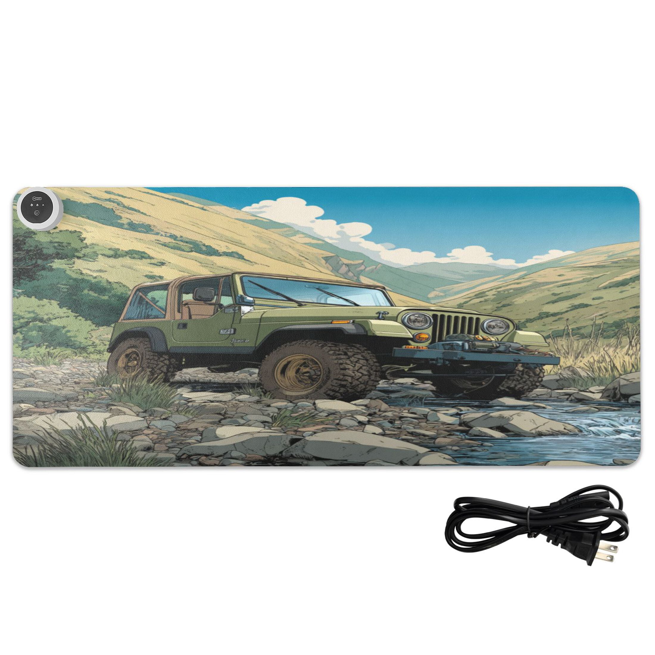 Large Heated Desk Mat Mouse Pad 31.5"x13"PU Leather Graphene Heating Desk Warmer with 3 Temperature Settings 110V US Plug Non-Slip Warm Pad for Home, Office, and Gaming Mountain Stream Jeep Adventure