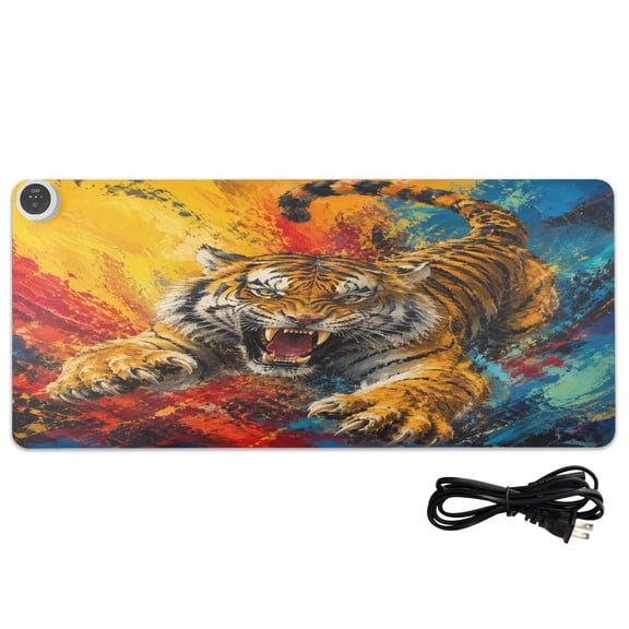 Large Heated Desk Mat Mouse Pad 31.5"x13"PU Leather Graphene Heating Desk Warmer with 3 Temperature Settings 110V US Plug Non-Slip Warm Pad for Home, Office, and Gaming Abstract Roaring Tiger Graphic