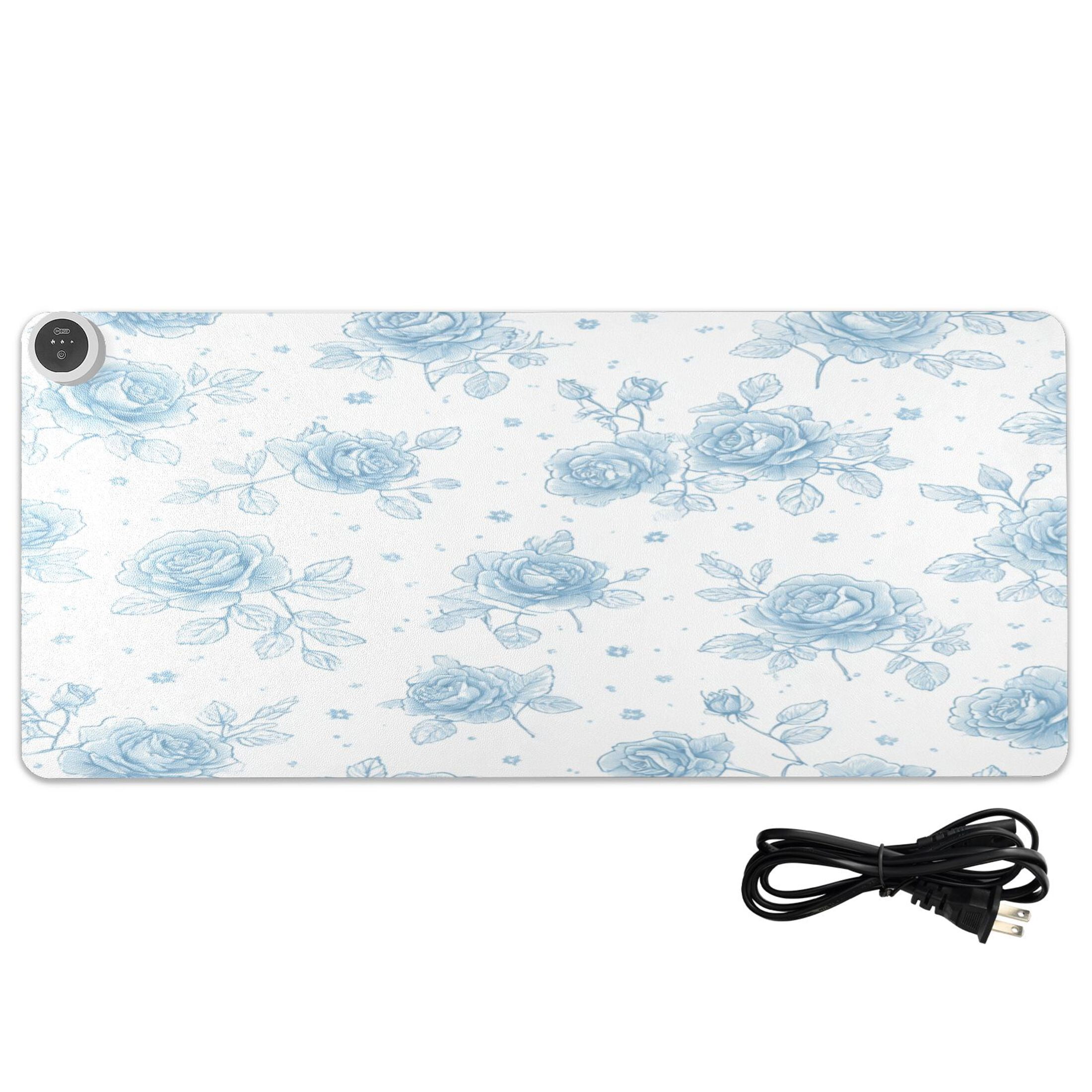 Large Heated Desk Mat Mouse Pad 31.5"x13"PU Leather Graphene Heating Desk Warmer with 3 Temperature Settings 110V US Plug Non-Slip Warm Pad for Home, Office, and Gaming Elegant Blue Rose Garden