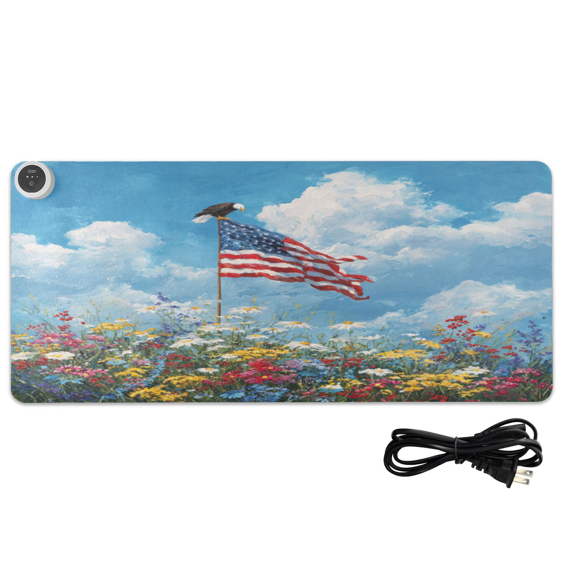 Large Heated Desk Mat Mouse Pad 31.5"x13"PU Leather Graphene Heating Desk Warmer with 3 Temperature Settings 110V US Plug Non-Slip Warm Pad for Home, Office, and Gaming American Flag Is Flying in The