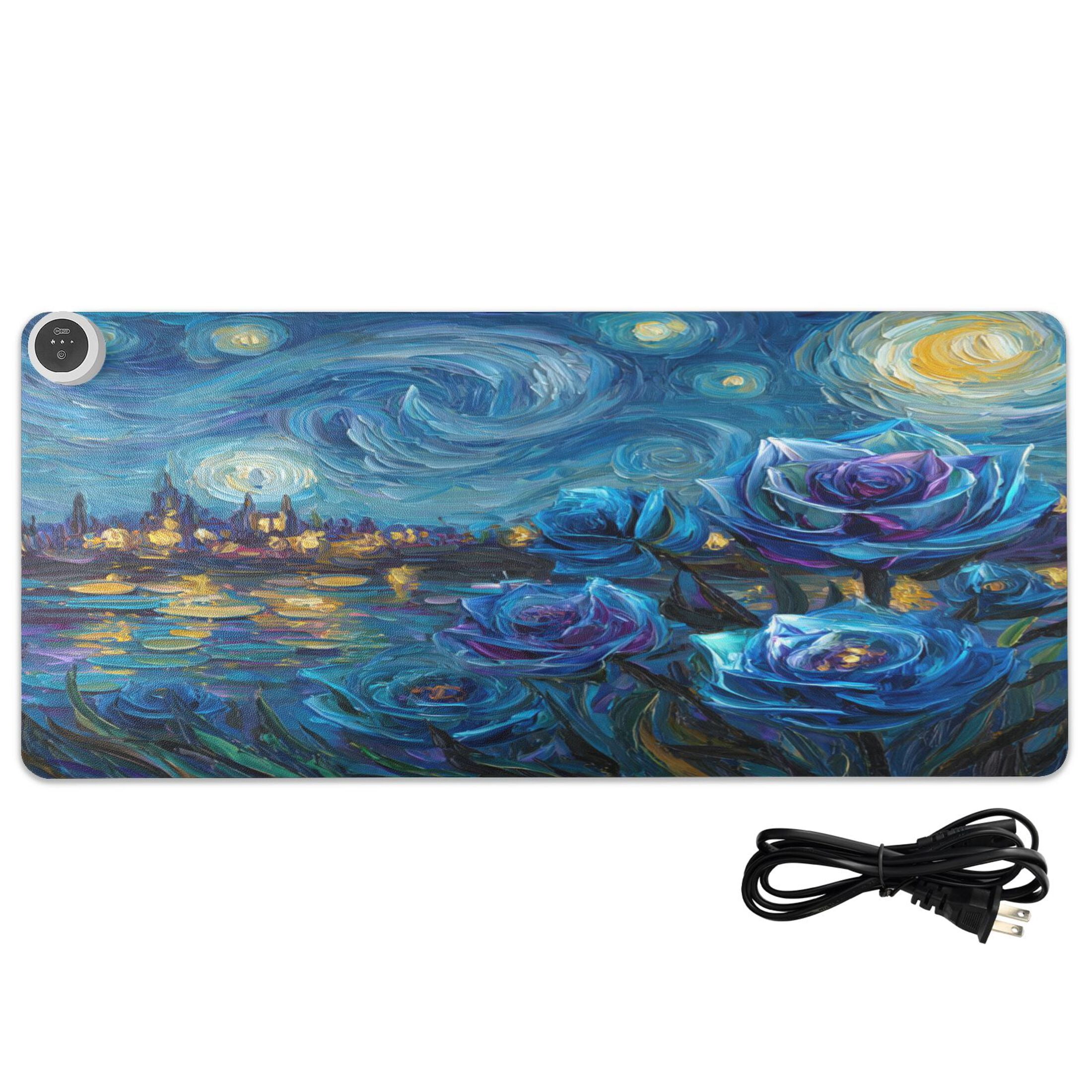 Large Heated Desk Mat Mouse Pad 31.5"x13"PU Leather Graphene Heating Desk Warmer with 3 Temperature Settings 110V US Plug Non-Slip Warm Pad for Home, Office, and Gaming Starry Night Blue Roses