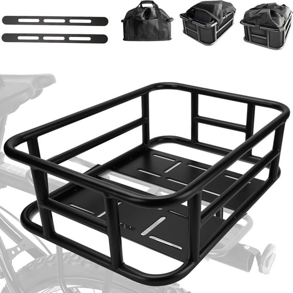 Large Heavy-Duty Bike Rear Basket with Liner, Waterproof Cover & Cargo Net - Fits Most Bikes & E-Bikes