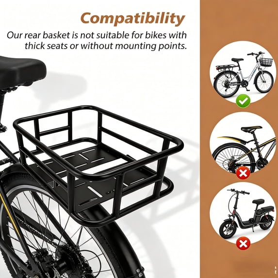 Large Heavy-Duty Bike Rear Basket with Liner, Waterproof Cover & Cargo Net - Fits Most Bikes & E-Bikes