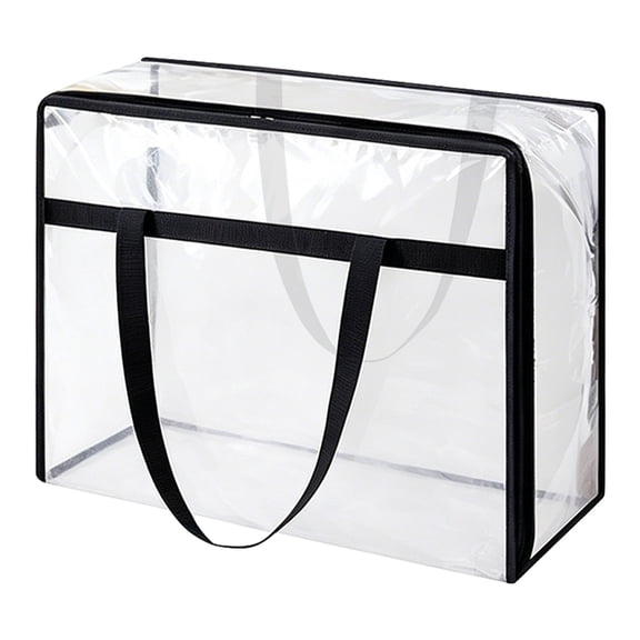 Large Heavy-Duty Clear Plastic Storage Box with Hinged Lid, Stackable Foldable Storage Bag for Clothes, Tote Bin with Handles and Zipper
