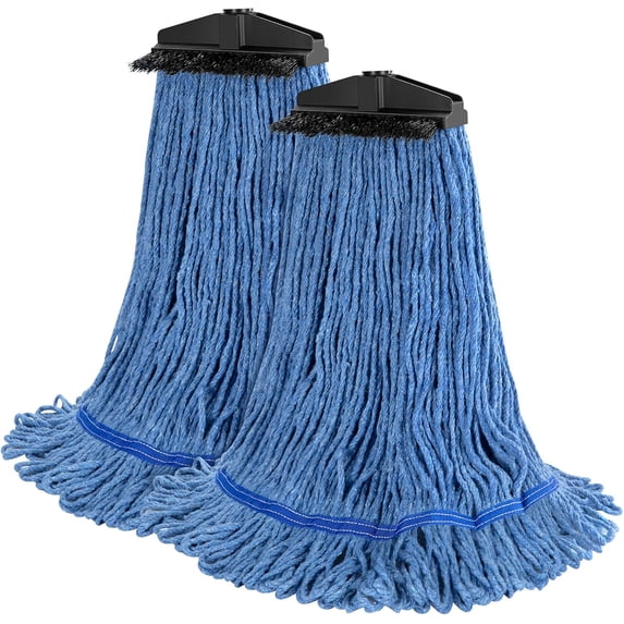 Large Heavy-Duty Commercial Mop Head Replacement – Screw-On Wet Industrial Cotton Looped String Refill with Built-in Tough Polypropylene Bristle Brush for Floor Cleaning (Blue 2 Pack)