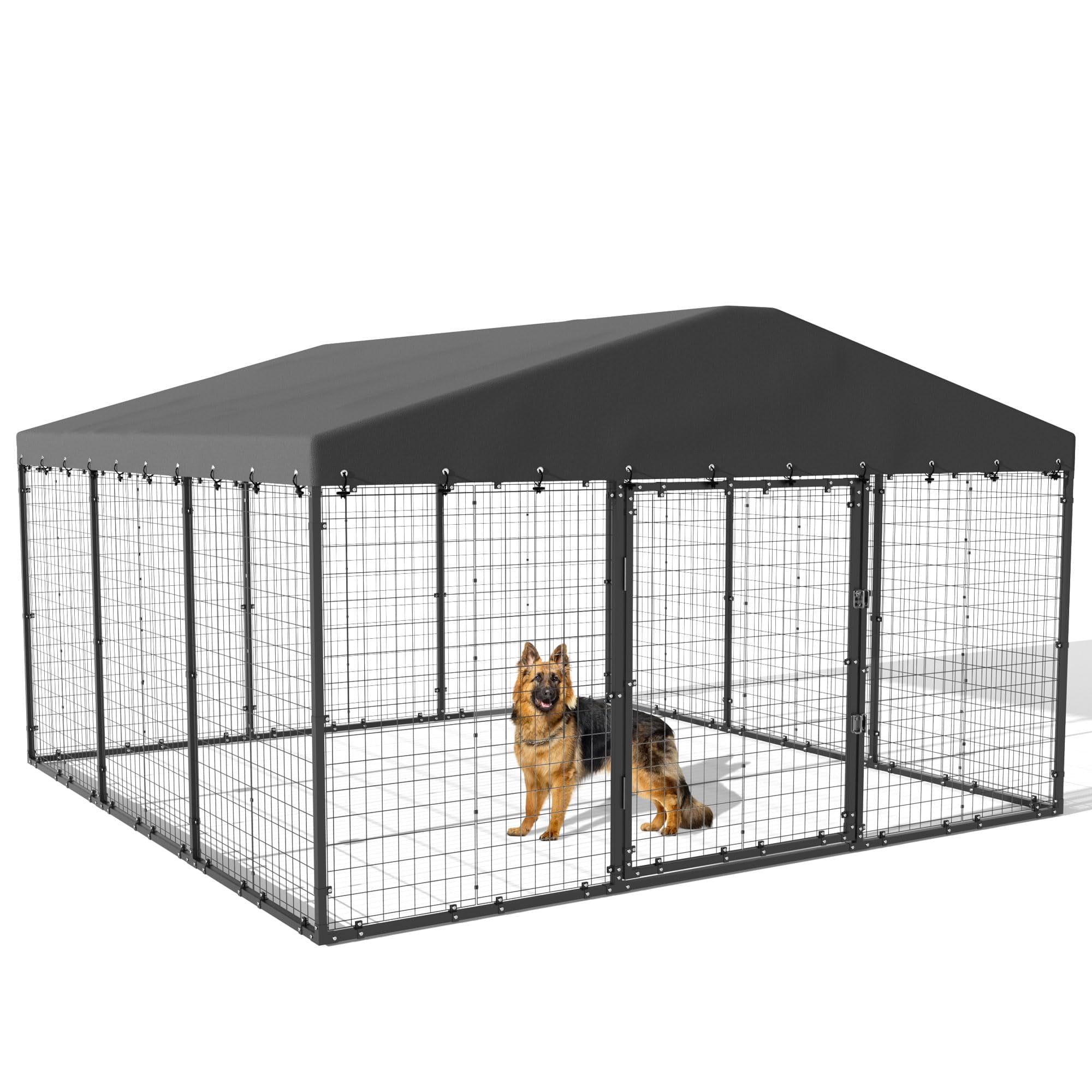 Large Heavy Duty Dog Kennel Outdoor, 118 x 118 x 70.9 Inch Galvanized Steel Dog Cage with Roof, Double Security Lock Pet Enclosure Fence, Black