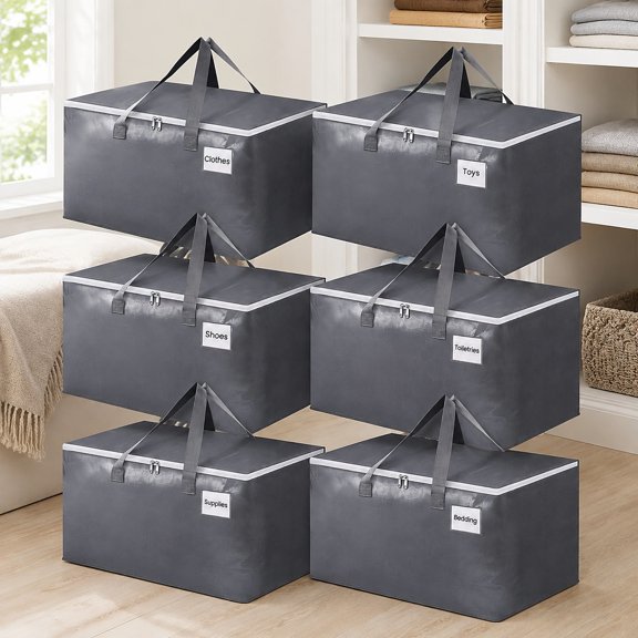 Large Heavy Duty Moving Boxes with Zippers & Handles, Foldable Storage Totes with Lids, Space-Saving Containers for Organizing, 76L, 6 Pack