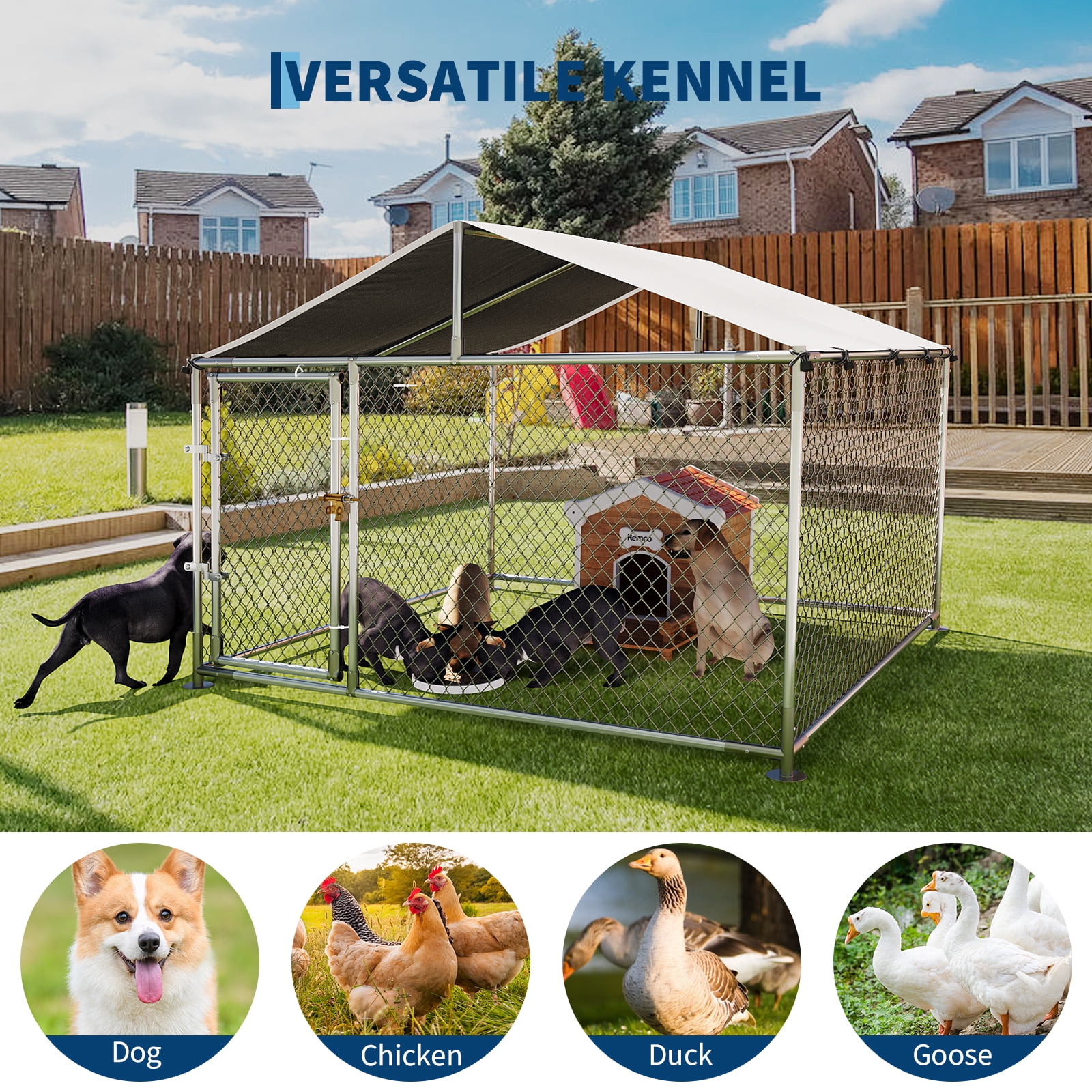 Large Heavy Duty Outdoor Dog Kennel with Roof – Secure Steel Fence Enclosure, Lock & Ground Anchors, For Yard, Boarding & Training – Size: 7.5×7.5×5.5FT (8.77035 Meters)