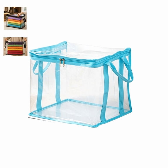 Large Heavy-Duty Thick Plastic Clear Storage Bag, 10x13x10 Inch Clear Moving Bags with Zipper, Stackable Foldable Bins Totes Bags with Lids for College Dorm Packing Home Organization(Blue-M)