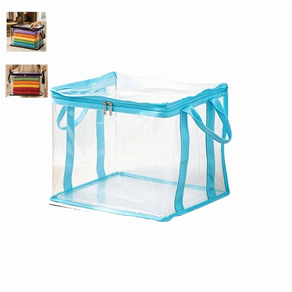 Large Heavy-Duty Thick Plastic Clear Storage Bag, 10x13x10 Inch Clear Moving Bags with Zipper, Stackable Foldable Bins Totes Bags with Lids for College Dorm Packing Home Organization(Blue-M)