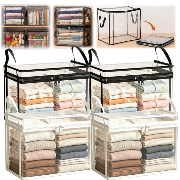 Large Heavy-Duty Thick Plastic Clear Storage Bag for Clothes, 15"x12.4"x9.8" Stackable Foldable PVC Bags with Lids Handles and Zipper for College Dorm Packing Home Organization(Black,4PCS)