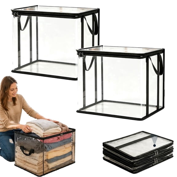 Large Heavy-Duty Thick Plastic Clear Storage Bag for Clothes, Moving & Storage, Foldable & Stackable Moving & Storage Organizer with Reinforced Handles, Transparent & Space‑Saving (A)