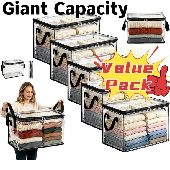 Large Heavy-Duty Thick Plastic Clear Storage Bag for Clothes, Moving & Storage, Stackable Foldable Moving Bags with Lids Handles Zipper, Moving Boxes Storage Totes for Home Camping (1Pc,9.8" x 12.6")