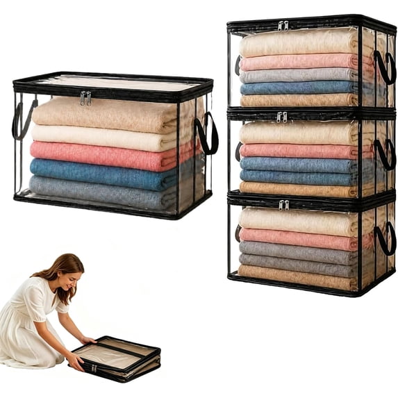 Large Heavy-Duty Thick Plastic Clear Storage Bag for Clothes, Moving & Storage, Thick Clear Storage Bags, Stackable Foldable Bins Totes Bags, With Reinforced Handles & Zipper (4PC)