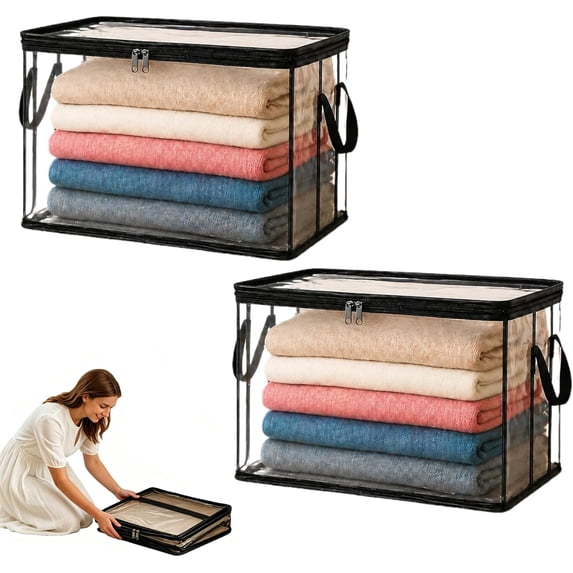 Large Heavy-Duty Thick Plastic Clear Storage Bag for Clothes, Moving & Storage, Thick Clear Storage Bags, Stackable Foldable Bins Totes Bags, With Reinforced Handles & Zipper (2PC)