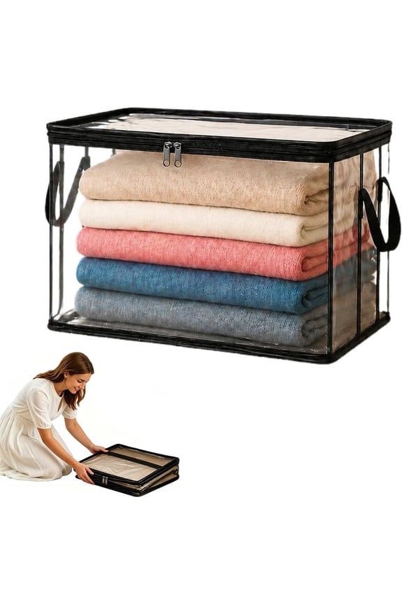 Large Heavy-Duty Thick Plastic Clear Storage Bag for Clothes, Moving & Storage, Thick Clear Storage Bags, Stackable Foldable Bins Totes Bags, With Reinforced Handles & Zipper (1PC)