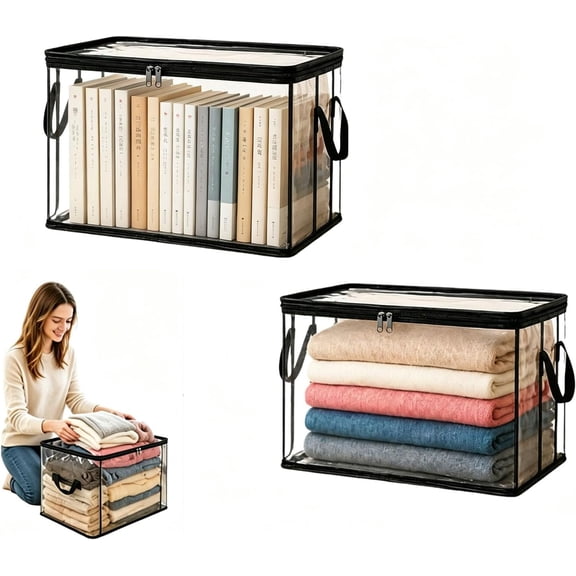 Large Heavy-Duty Thick Plastic Clear Storage Bag,Heavy Duty Thick Bin with Hinged Lid, Stackable Transparent Organizer for Clothes, Bedding, Moving, Camping, Travel, Attic & Home Storage (2)