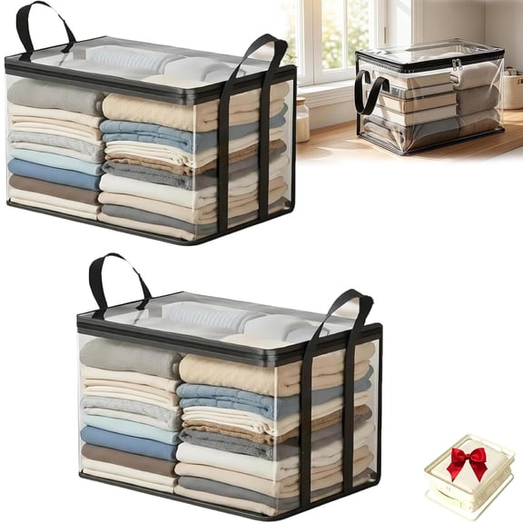 Large Heavy-Duty Thick Plastic Clear Storage Bag, Stackable Foldable Bins Totes Bags with Reinforced Lids Handles and Zipper, Extra Capacity Moving & Storage Box for Clothes Dorms College