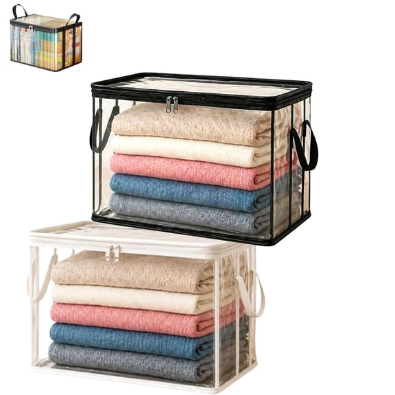 Large Heavy Duty Thick Plastic Clear Storage Box - Foldable PVC Bin with Zipper Handles, Stackable Moving Container for Clothes Home Camping