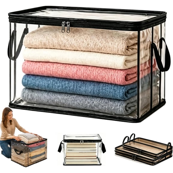 Large Heavy-Duty Thick Plastic Clear Storage Box with Handles, Foldable Clear Storage Zipper Containers with Lids, Massive Capacity Plastic Moving Bags for College Home (1PC-A, L-15*9.4*12.6in)