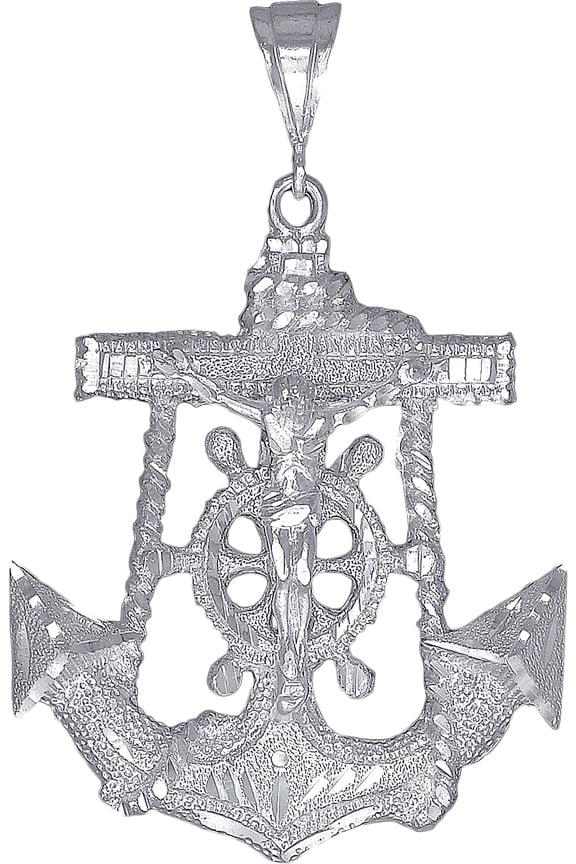 Large Heavy Sterling Silver Anchor Cross with Jesus Pendant Necklace 2.9 Inches 19 Grams Diamond Cut Finish with Figaro Chain