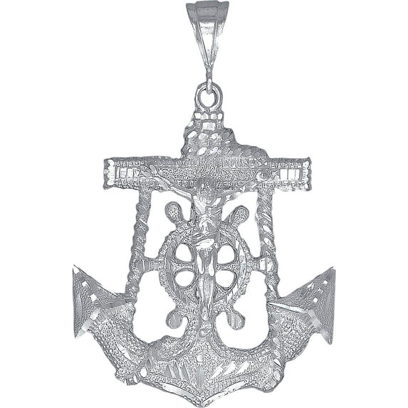 Large Heavy Sterling Silver Anchor Cross with Jesus Pendant Necklace 2.9 Inches 19 Grams Diamond Cut Finish with Figaro Chain