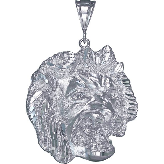 Large Heavy Sterling Silver Lion Head Pendant Necklace 21 Grams 2.6 Inches with Diamond Cut Finish and 24 Inch Figaro Chain
