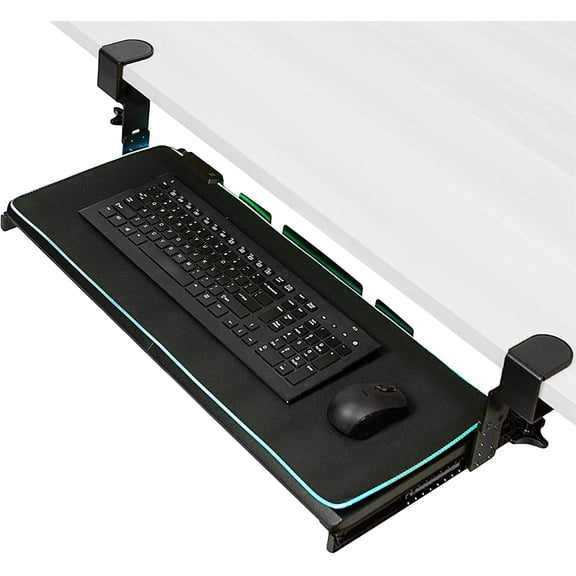Large Height Adjustable Under Desk Keyboard Tray with RGB LED Light Mouse Pad, C-Clamp Mount, 27 (33 Including Clamps) x 11 Inch Slide-Out Platform Computer Drawer for Typing, Black