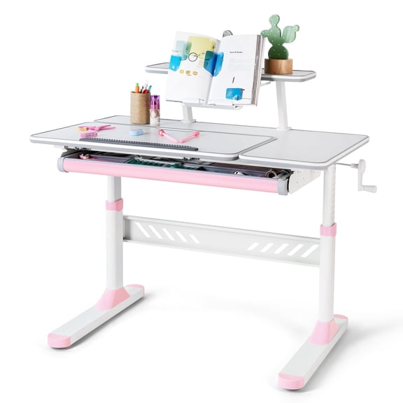 Large Height Adjustable Kids Desk 39" Wide Ergonomic Girls Writing Study Table with Drawer,Shelf,Tilt Desktop(Pink)