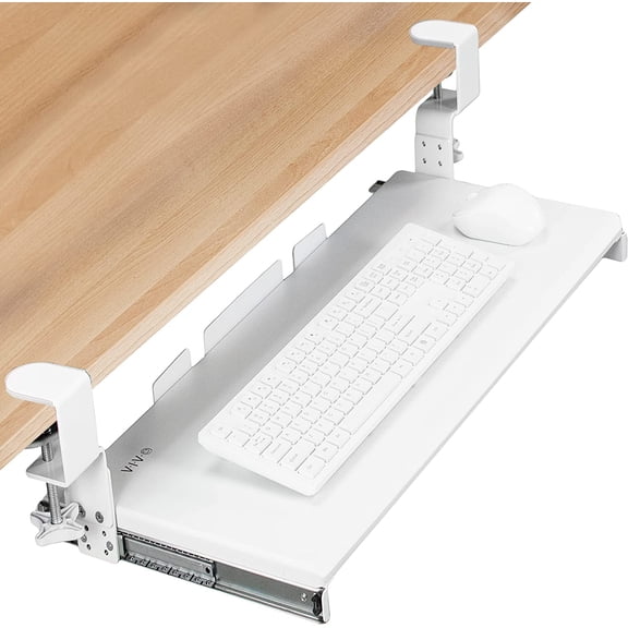 Large Height Adjustable Under Desk Keyboard Tray, C-clamp Mount System, 27 (33 Including Clamps) x 11 inch Slide-Out Platform for Typing, White