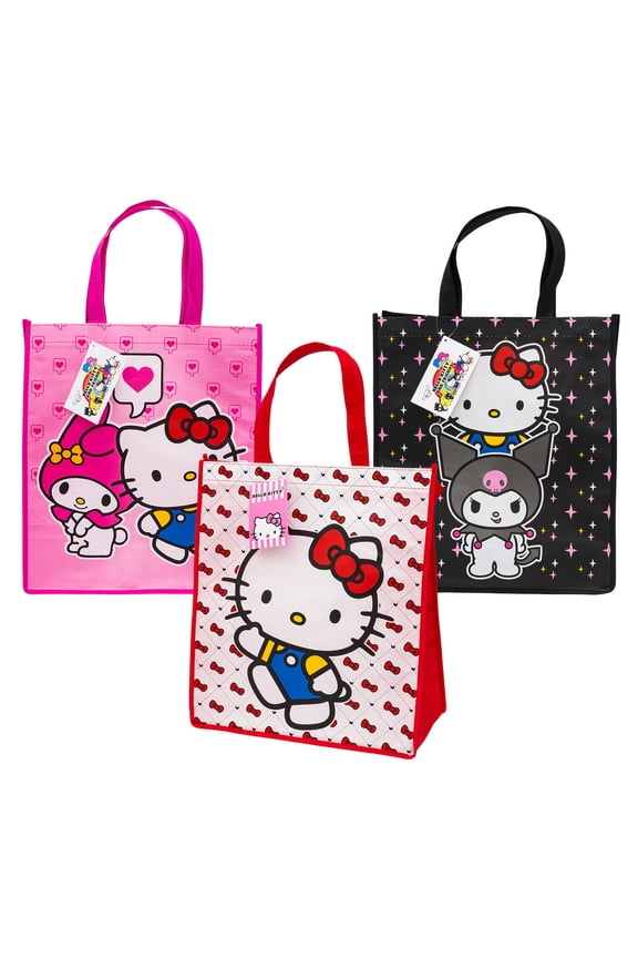 Large Hello Kitty and Friends Reusable Tote Bags, 16 in, Kuromi and My Melody, 3 Assorted Colors, 86329