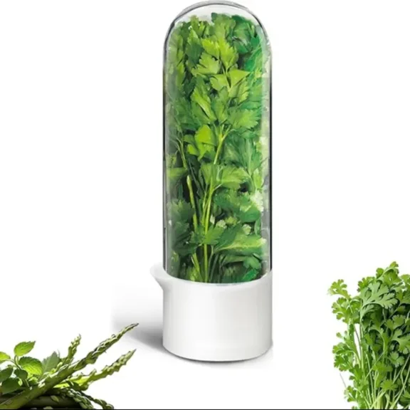 Large Herb Keeper Container for Refrigerator, Fresh Herb Storage Box with Transparent Lid, Produce Storage Container for Cilantro, Parsley, Mint, Asparagus and Vegetables, Kitchen Organization Tool