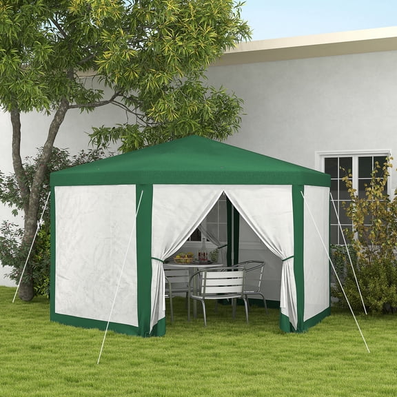Large Hexagon Party Tent with Mesh Screen Sidewalls for Outdoor Events, 13x11 ft Steel Frame Shade Canopy for Garden Gatherings