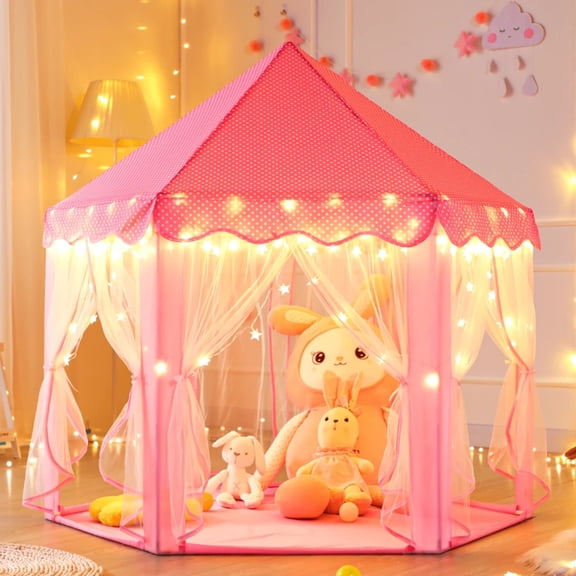Large Hexagon Princess Castle Fairy Play Tent with Star Lights & Mat - Indoor Outdoor Magical Game House for Girls