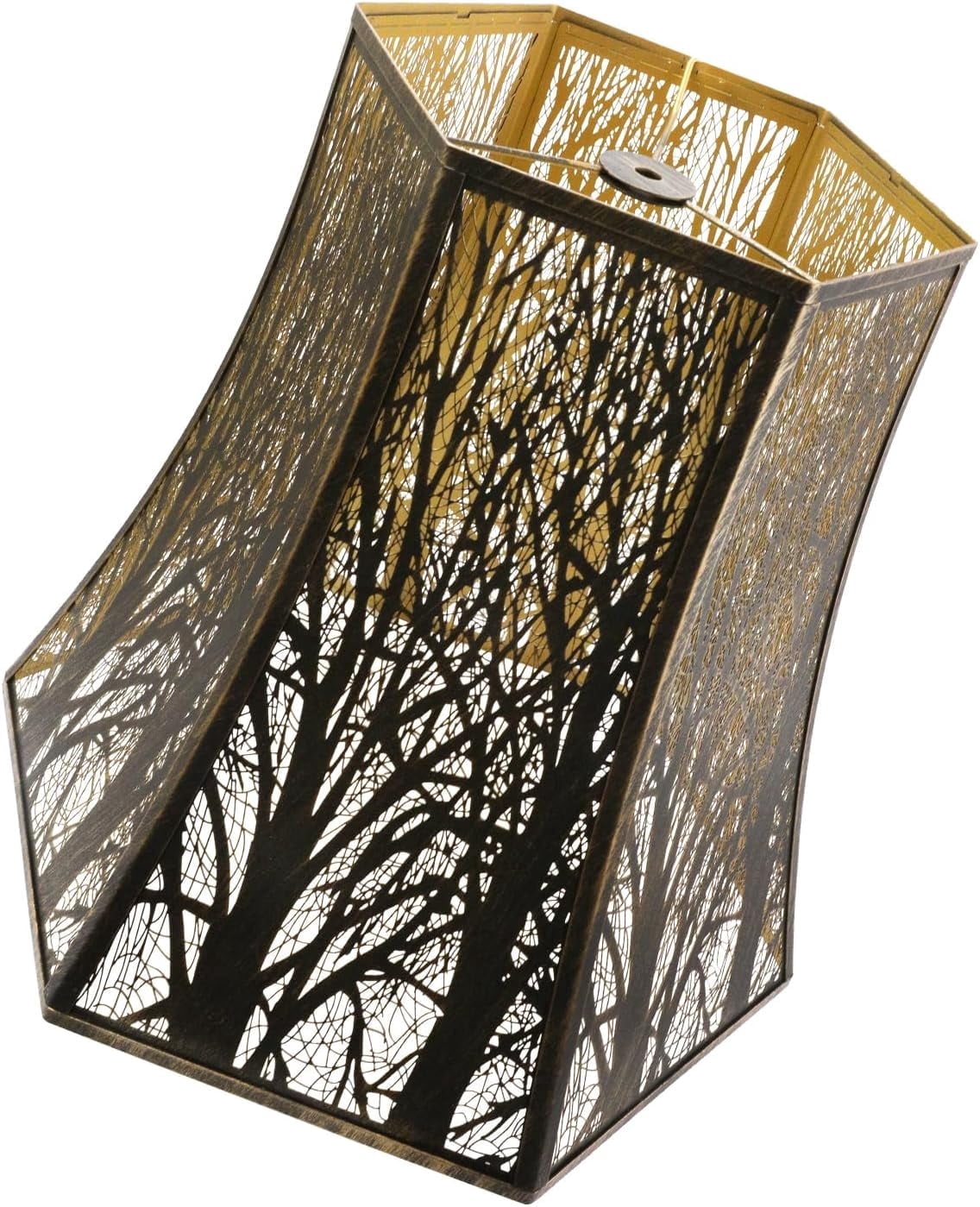 Metal Lamp Shade for Table Lamps, AEELLEEA Large Hexagonal Lamp Shade 10x16x14.5" , Etched Forest Palace Lampshades for Floor Lamps, Antique Copper Outer and Gold Inner, Spider Fitter