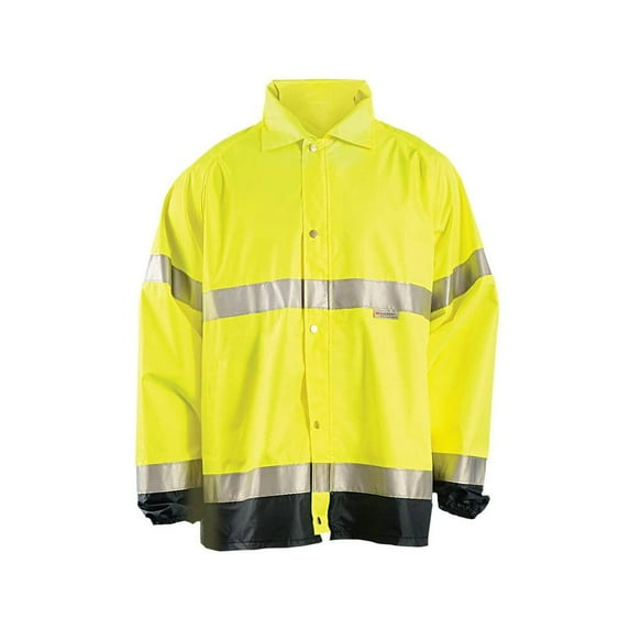 Large Hi-Viz Yellow With Blue 31'' 100% Polyester 150 Denier Oxford With PU Coating Breathable Rain Jacket With Zippered Roll-Away Hood And 2 Outer Pockets