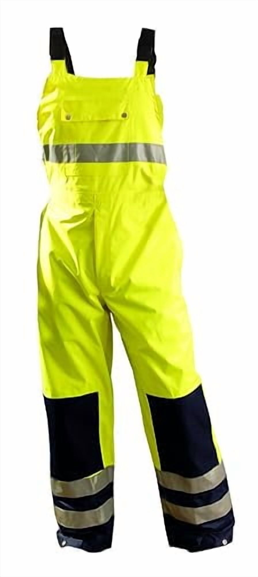 Large Hi-Viz Yellow With Blue 48'' 100% Polyester 150 Denier Oxford With PU Coating Breathable Rain Bib Pants With Elastic Suspenders With Release Buckle