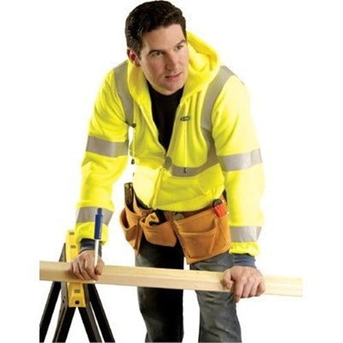 Large Hi-Viz Yellow OccuLux Premium 9.4 oz Wicking Polyester Class 3 Hoodie Sweatshirt With Front Zipper Closure, 3M Scotchlite 2'' Reflective Tape, Whisk-It Treatment, Elastic Cuff And W