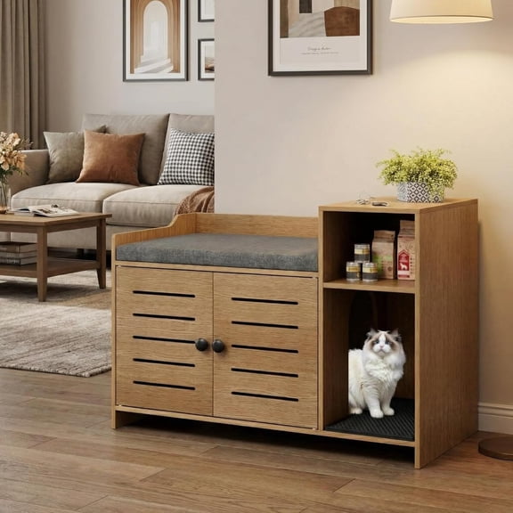 Large Hidden Cat Litter Box Furniture Cabinet with Double Doors, Wooden End Table with Storage Shelf and Litter Mat, Dog Proof Design