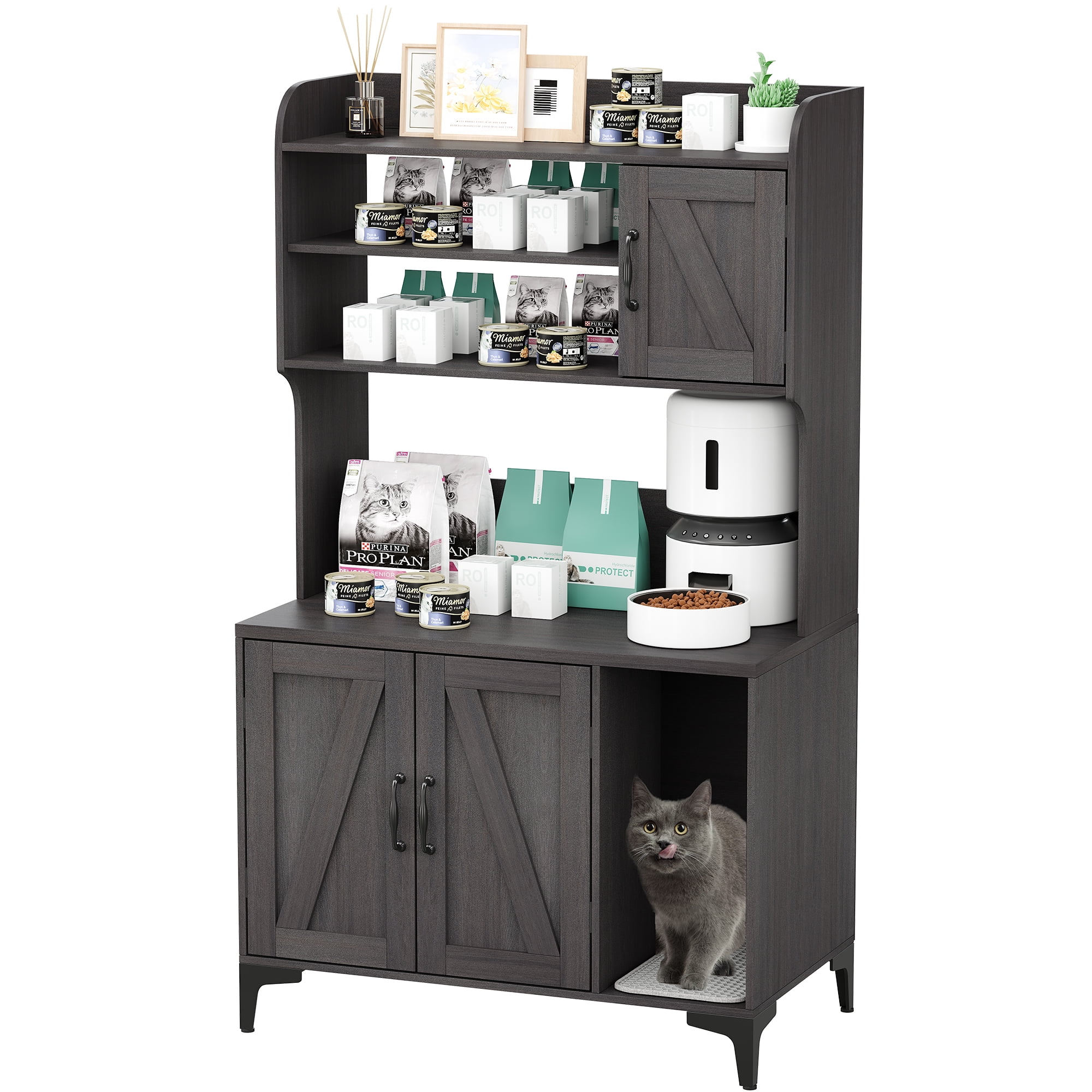 Large Hidden Litter Box Furniture with Shelves and Cabinet,Farmhouse Cat House Washroom with Scratch Pad,Wooden Enclosure for Self-Cleaning Litter Boxes