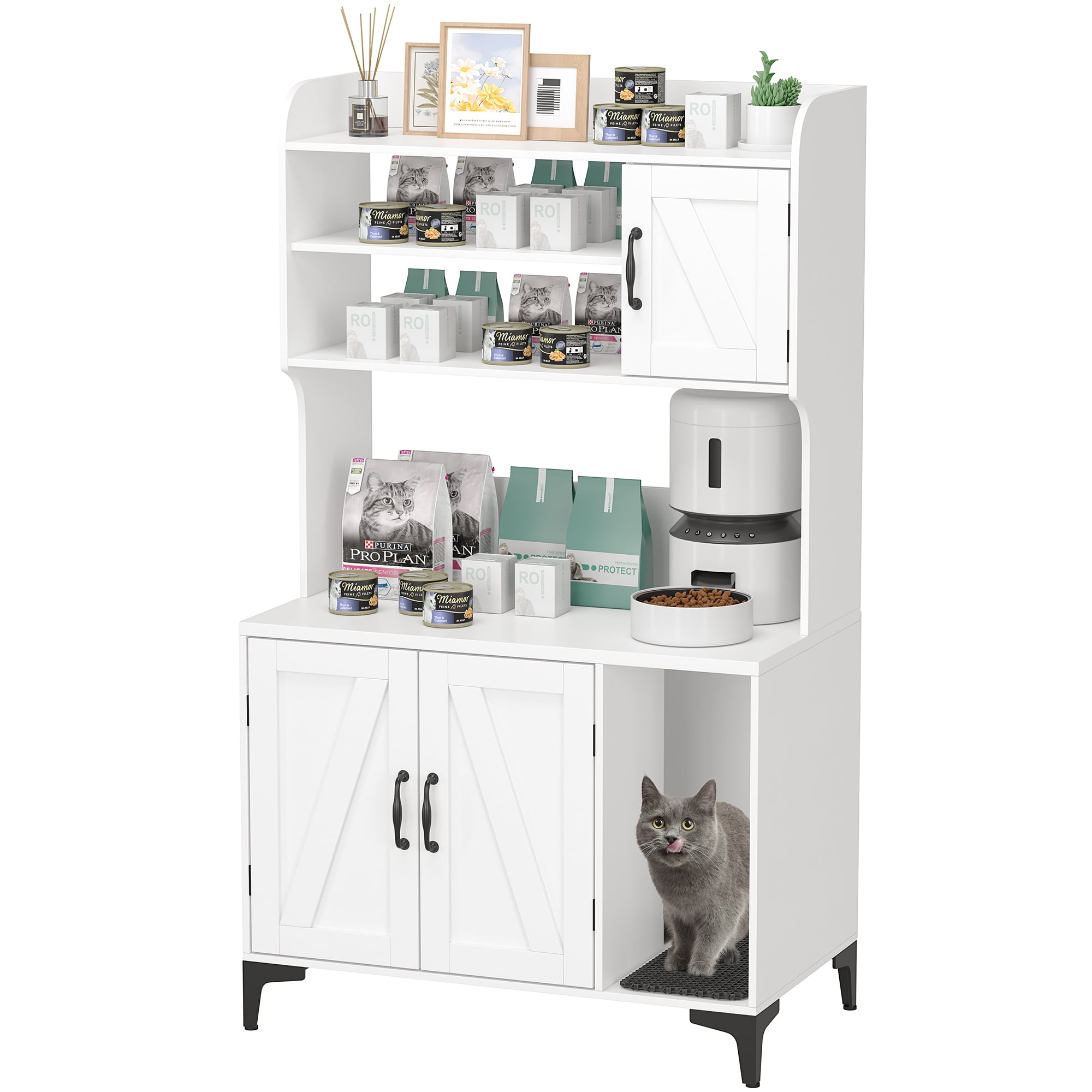 Large Hidden Litter Box Furniture with Shelves and Cabinet,Farmhouse Cat House Washroom with Scratch Pad,Wooden Enclosure for Self-Cleaning Litter Boxes