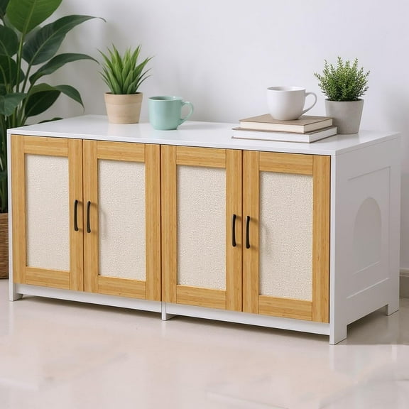 Large TV Stand Cabinet, Double Litter Box Enclosure with Sisal Doors, Multifunctional Side Table, Sliding Bottom Panel, White